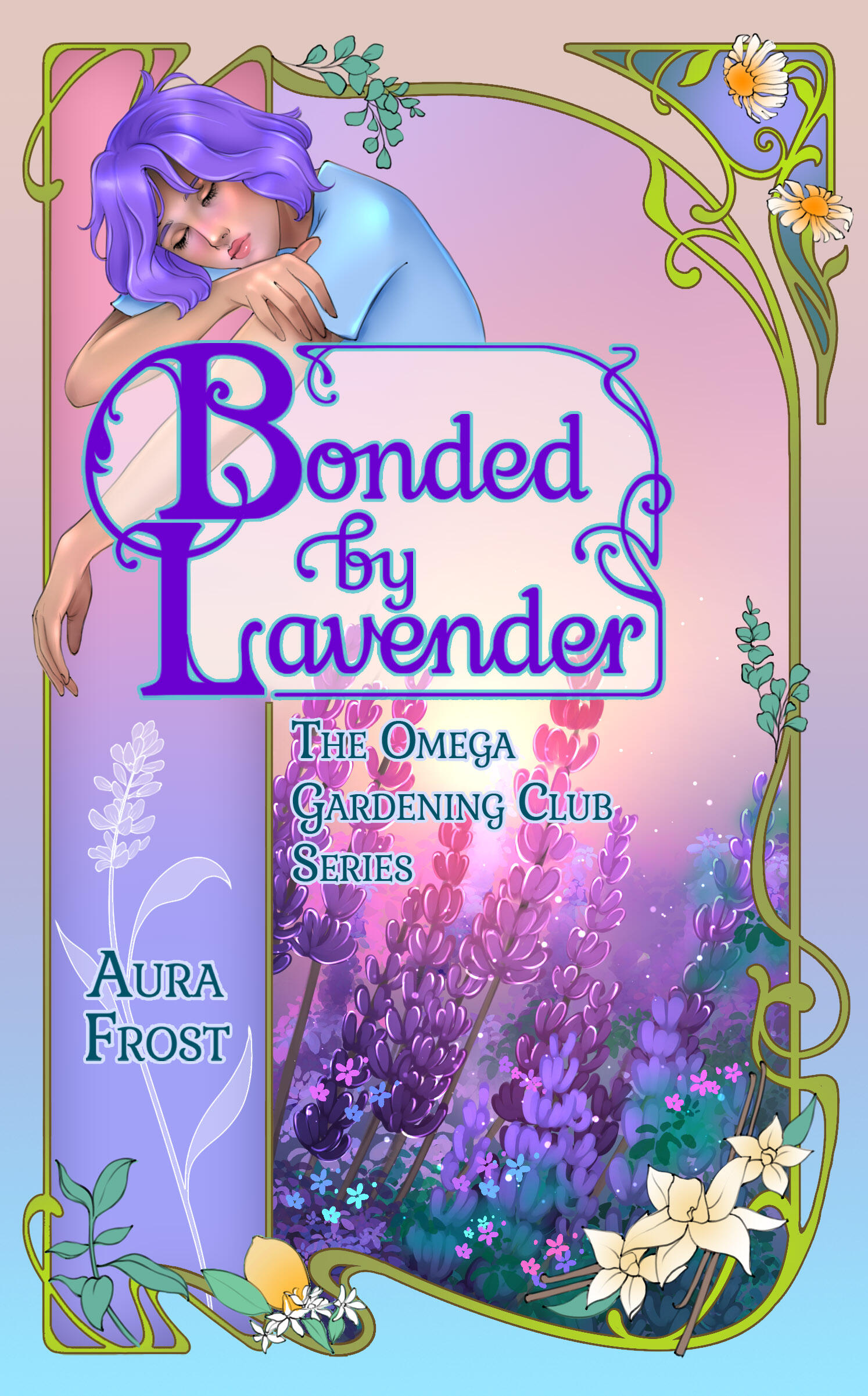 The cover of Bonded by Lavender: A LGBTQ+ omegaverse romance by Aura Frost featuring lavender flowers and an art nouveau style.