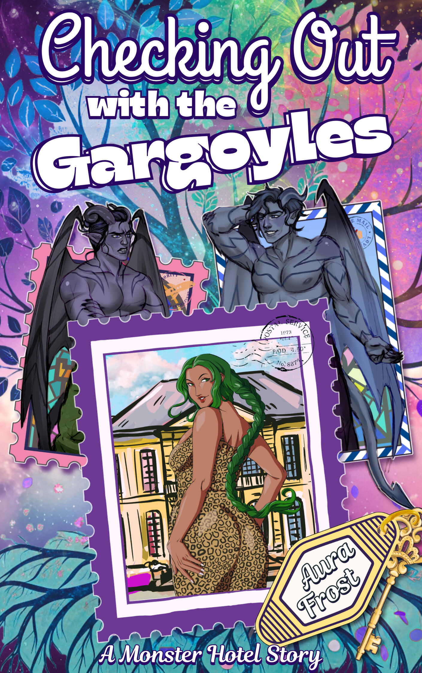 The cover of Checking Out with the Gargoyles: A LGBTQ+ monster romance vella by Aura Frost featuring two gargoyles and a half-gorgon, half-human